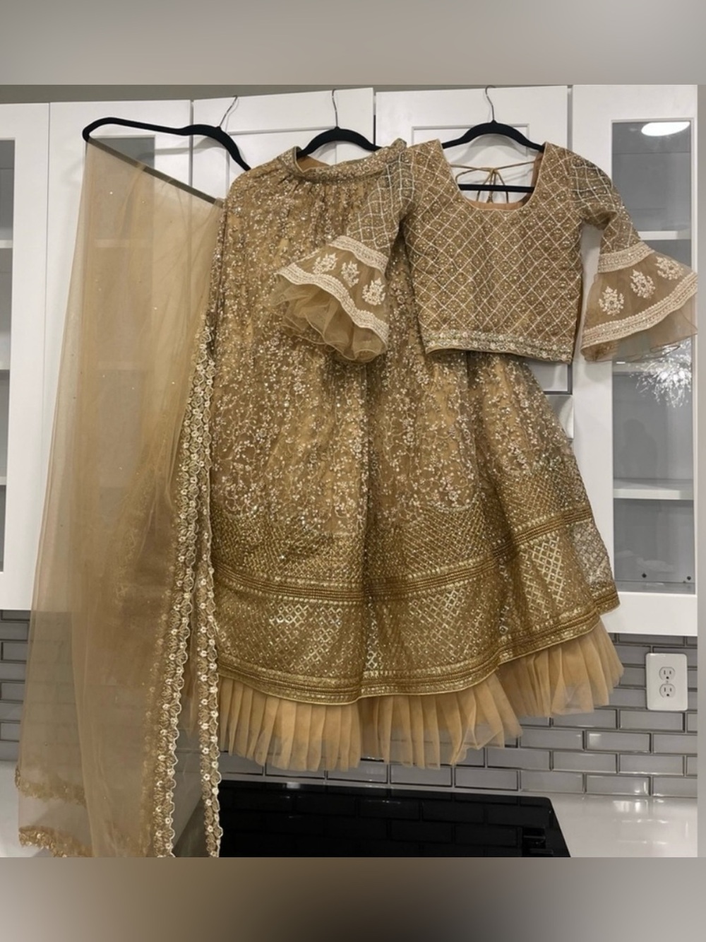 Indian Pakistani 3 Piece Set Lehenga Choli Gold Wedding Guest Woman Xs Kids M L